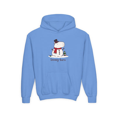 Capy Life blue kids hoodie featuring a cute Snowy-bara capybara snowman illustration with a red scarf and top hat.