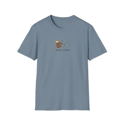 Capy Life blue softstyle t-shirt featuring a minimalist graphic of a capybara in a brown sweater during autumn.