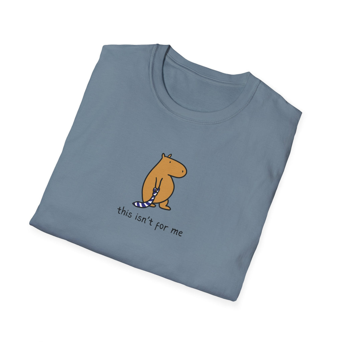 Capy Life blue heavyweight cotton t-shirt featuring a hand-drawn capybara holding a striped tie with text.