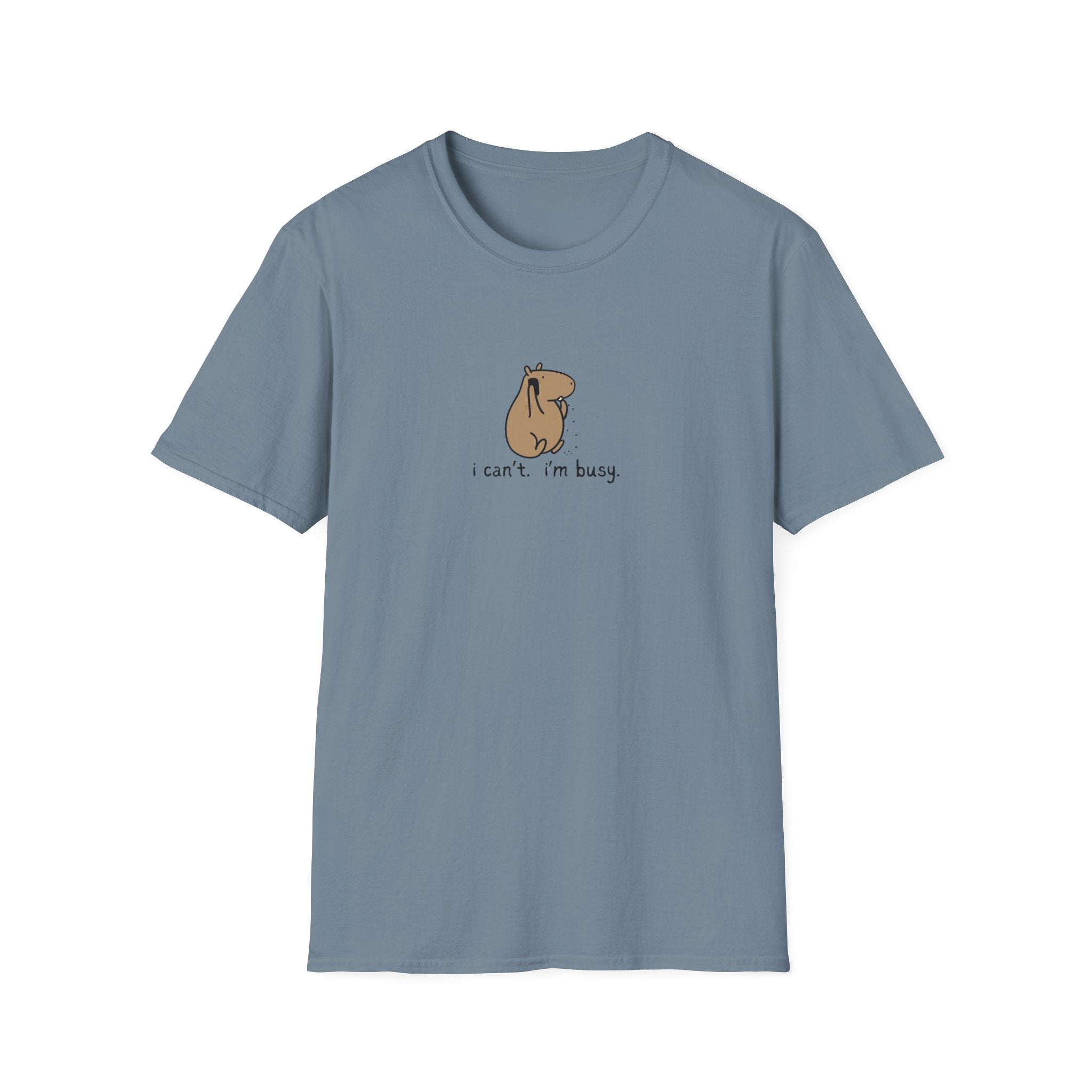 Capy Life blue softstyle t-shirt featuring a minimalist illustration of a capybara snacking with the text I can’t. I’m busy.