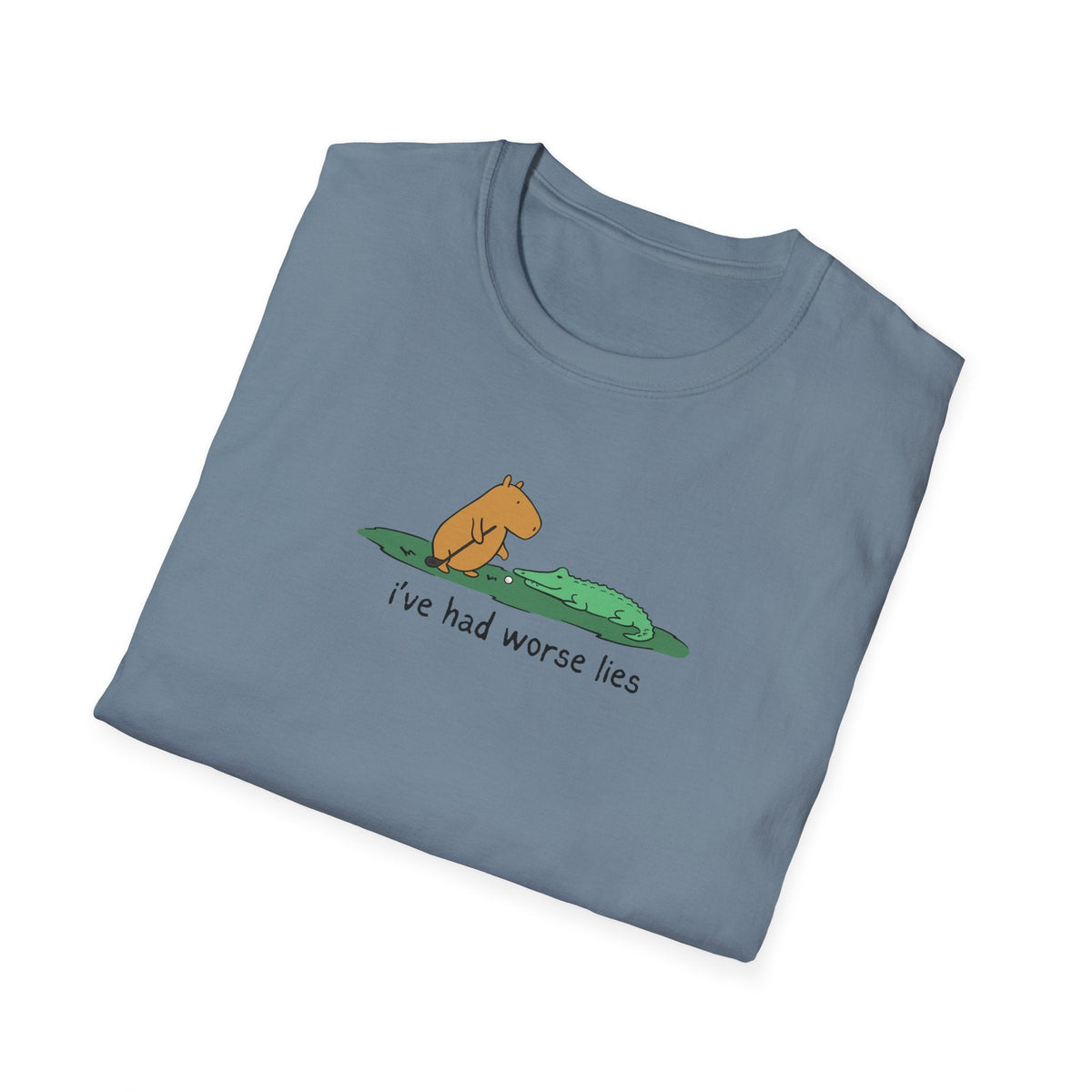 Capy Life softstyle tee in blue featuring a hand-drawn illustration of Gene the capybara and an alligator with text.