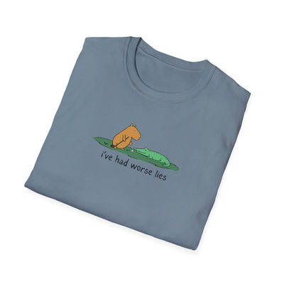 Capy Life softstyle tee in blue featuring a hand-drawn illustration of Gene the capybara and an alligator with text.