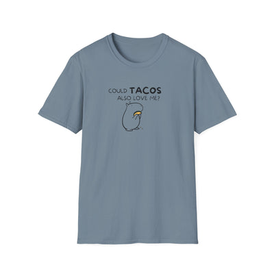Capy Life blue crewneck t-shirt featuring a minimalist black line art illustration of a capybara holding a taco.