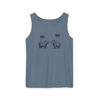 Capy Life blue tank top featuring a sketch-style graphic of two capybaras saying Bro to each other