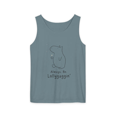 Capy Life blue Comfort Colors tank top featuring a minimalist line drawing of Gene the Capybara with a dandelion.