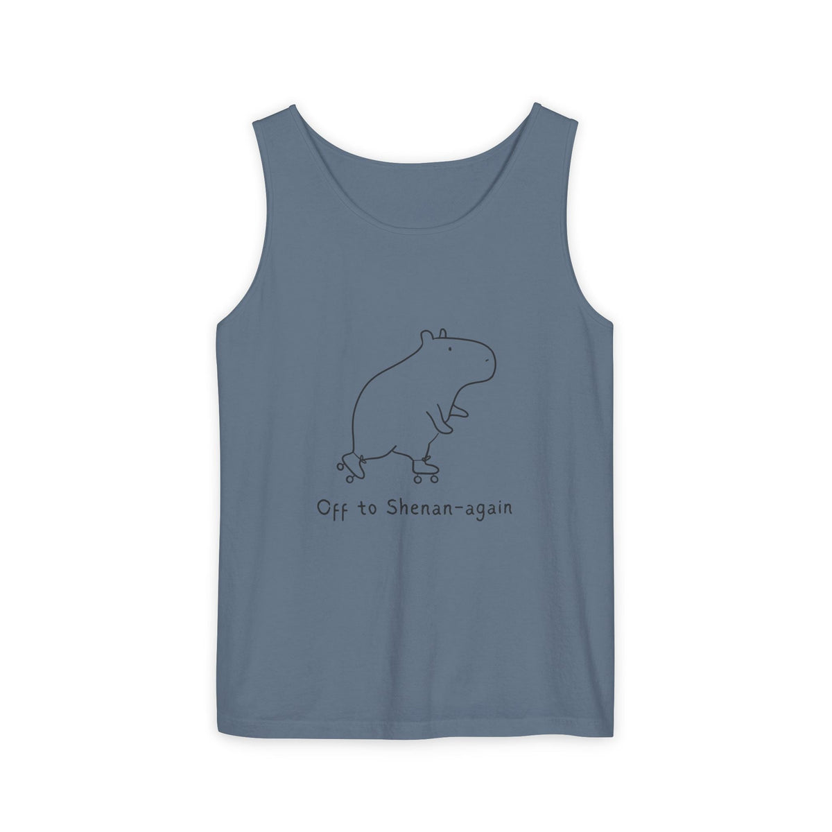 Capy Life blue tank top featuring a minimalist line drawing of a capybara on roller skates with Off to Shenan-again text