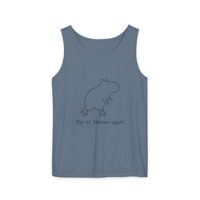 Capy Life blue tank top featuring a minimalist line drawing of a capybara on roller skates with Off to Shenan-again text