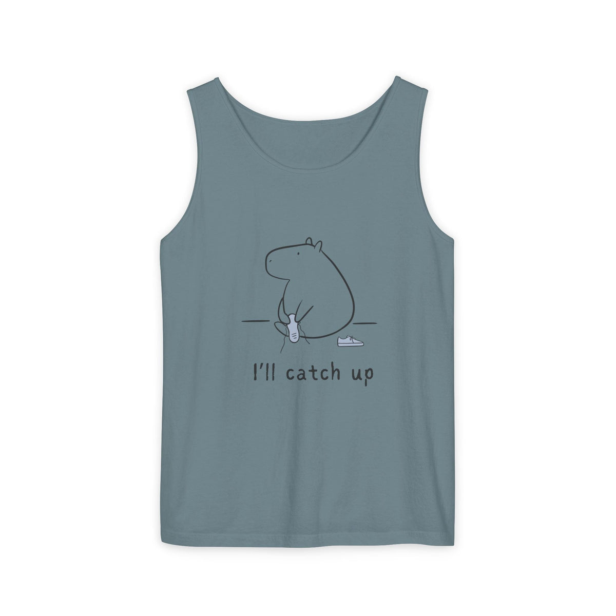 Capy Life blue-grey Comfort Colors tank top featuring a minimalist line drawing of a capybara tying its shoe.