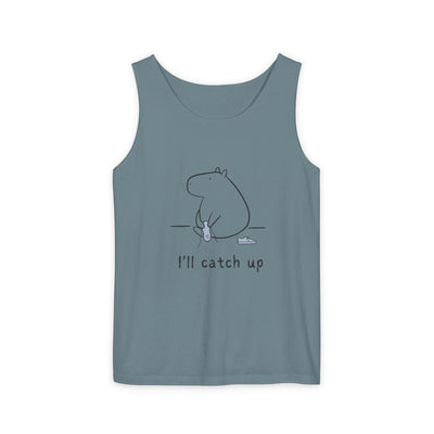 Capy Life blue-grey Comfort Colors tank top featuring a minimalist line drawing of a capybara tying its shoe.