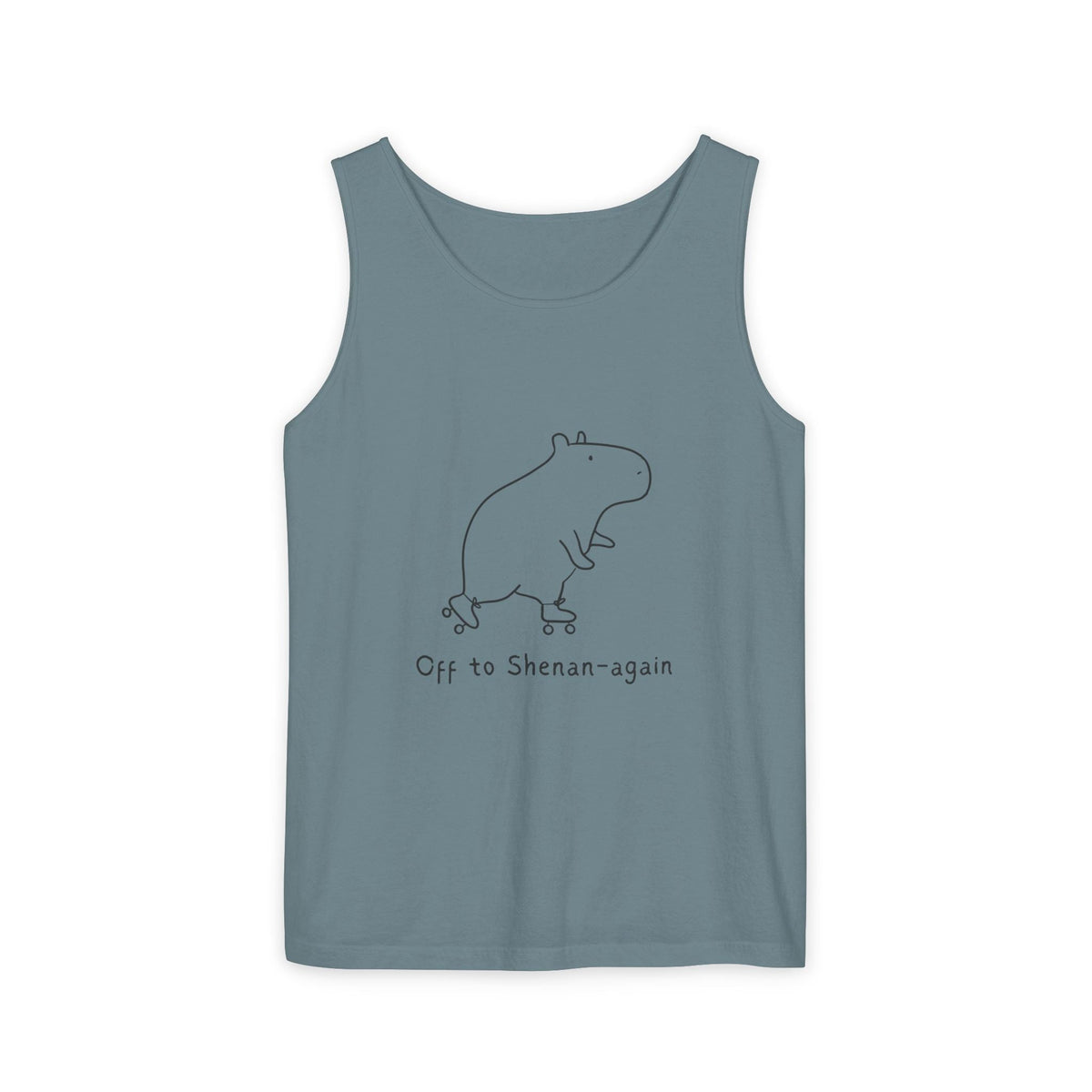 Capy Life blue tank top featuring a minimalist line drawing of a capybara on roller skates with Off to Shenan-again text