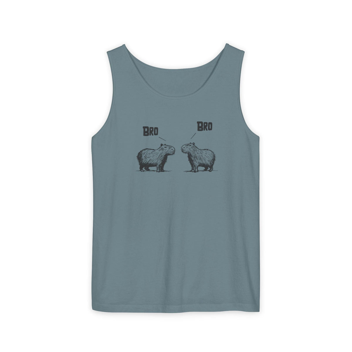 Capy Life blue Comfort Colors tank top featuring a sketch-style graphic of two capybaras saying Bro to each other.