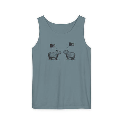 Capy Life blue Comfort Colors tank top featuring a sketch-style graphic of two capybaras saying Bro to each other.