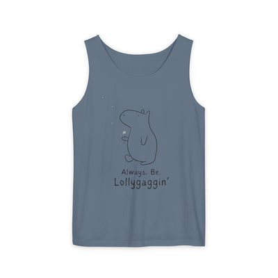 Capy Life blue Comfort Colors tank top featuring a minimalist line drawing of Gene the Capybara with a dandelion.