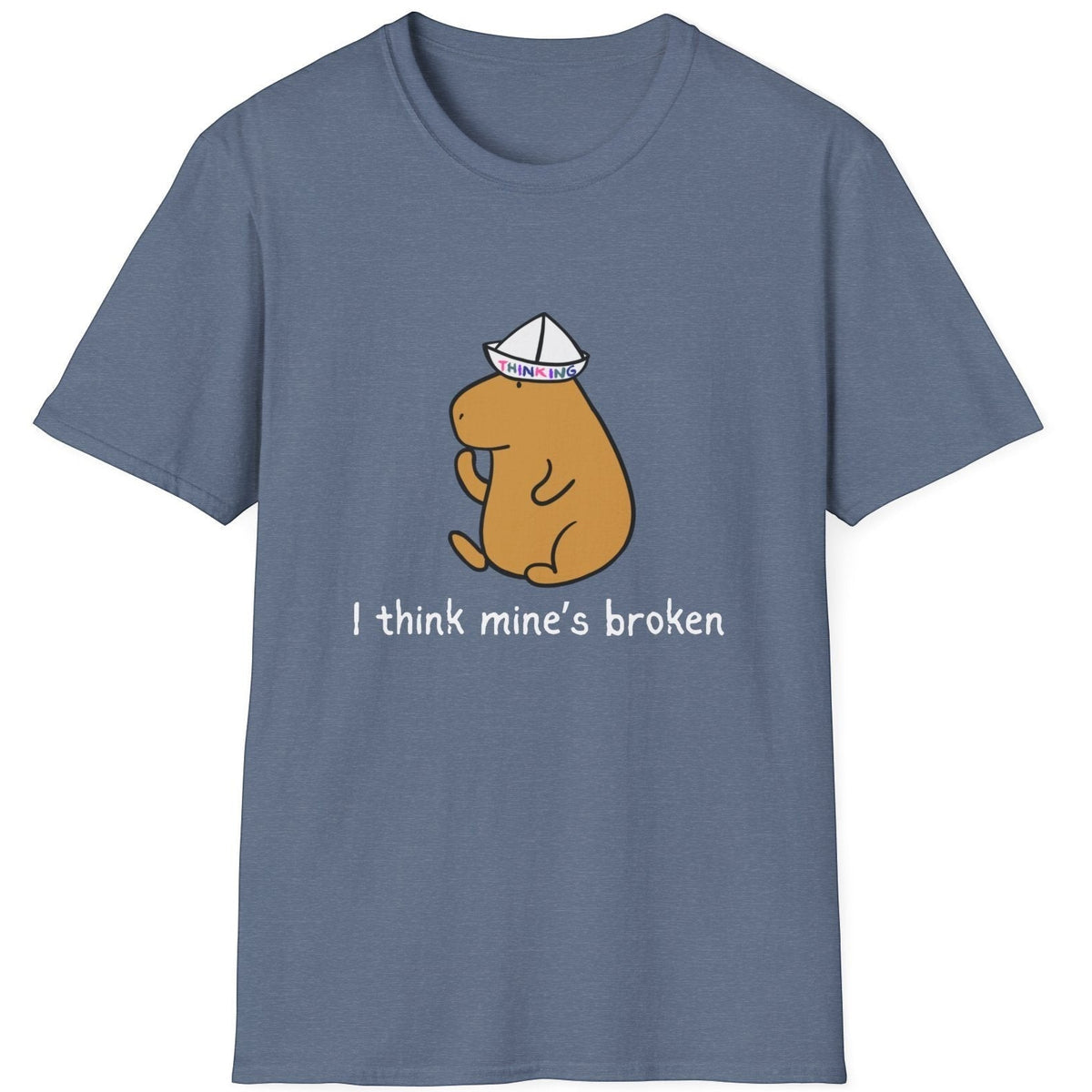 Capy Life blue softstyle adult t-shirt featuring a capybara wearing a paper thinking cap and the text I think mine's broken