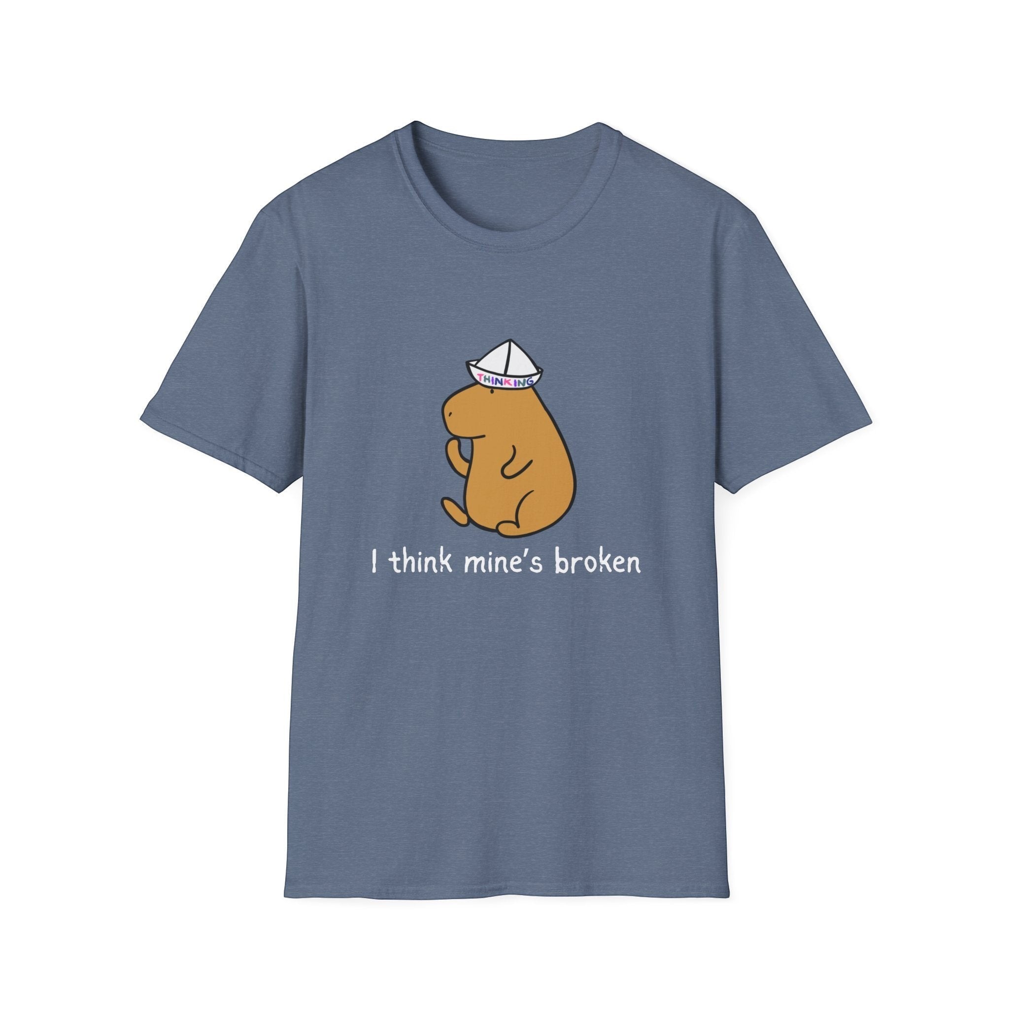 Capy Life blue softstyle adult t-shirt featuring a capybara wearing a paper thinking cap and the text I think mine's broken