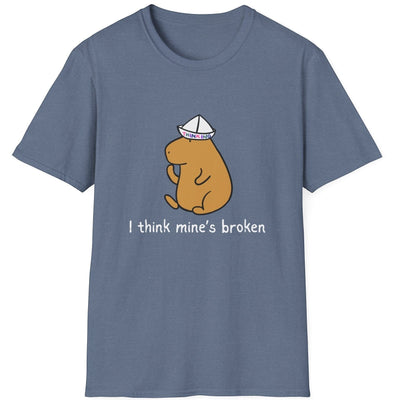 Capy Life blue softstyle adult t-shirt featuring a capybara wearing a paper thinking cap and the text I think mine's broken