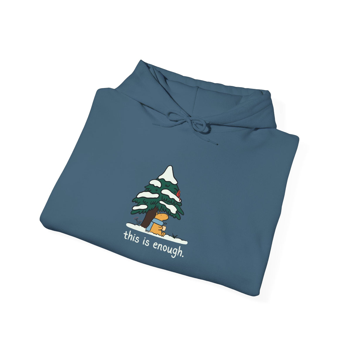 Capy Life blue pullover hoodie featuring a cute capybara in a scarf under a snowy tree with the text this is enough