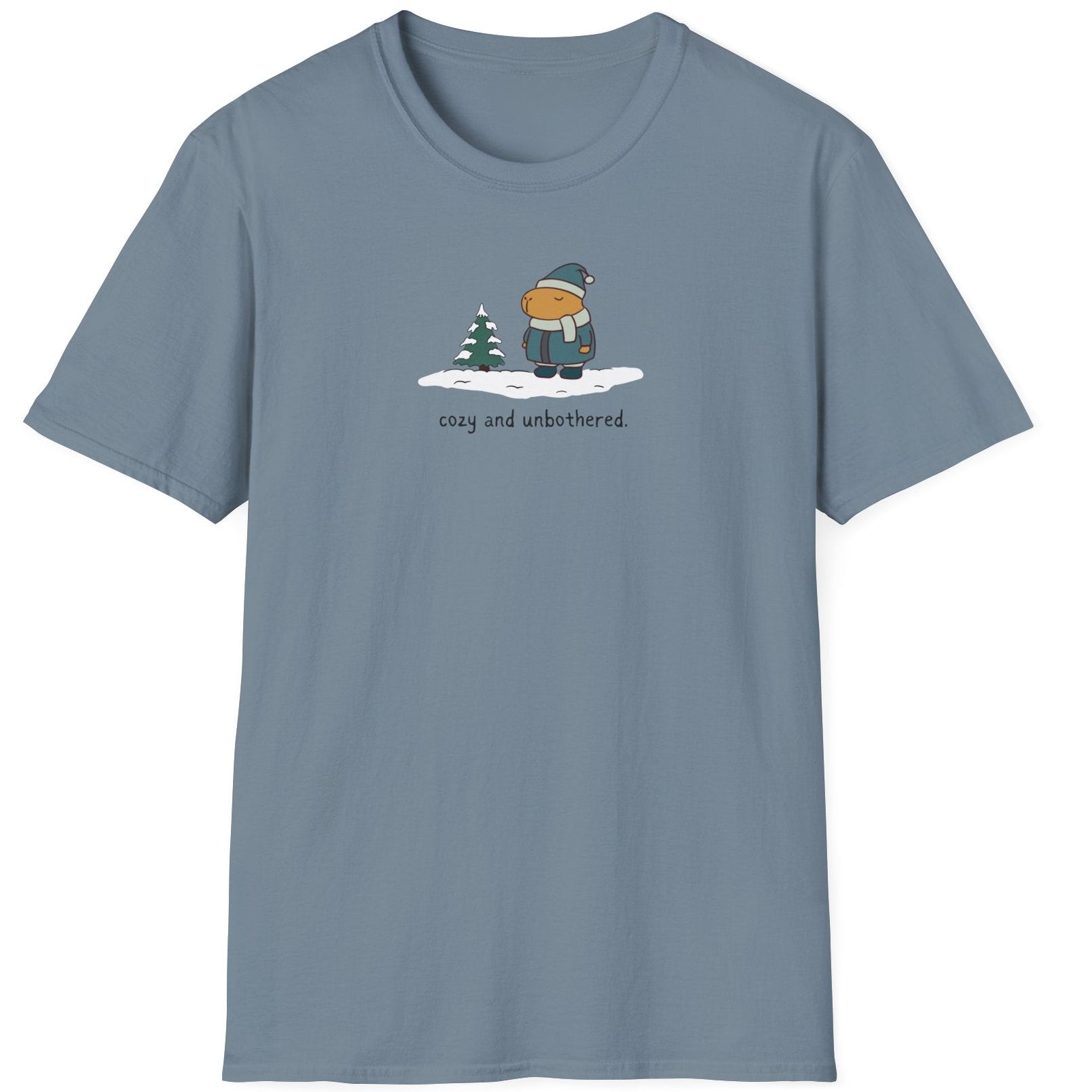 Capy Life blue short-sleeve t-shirt featuring a graphic of a capybara in winter gear with the text cozy and unbothered