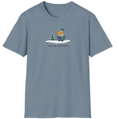 Capy Life blue short-sleeve t-shirt featuring a graphic of a capybara in winter gear with the text cozy and unbothered