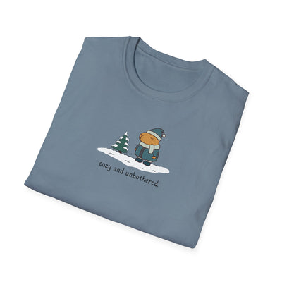 Capy Life blue softstyle t-shirt featuring a minimalist graphic of a capybara in winter gear in the snow.