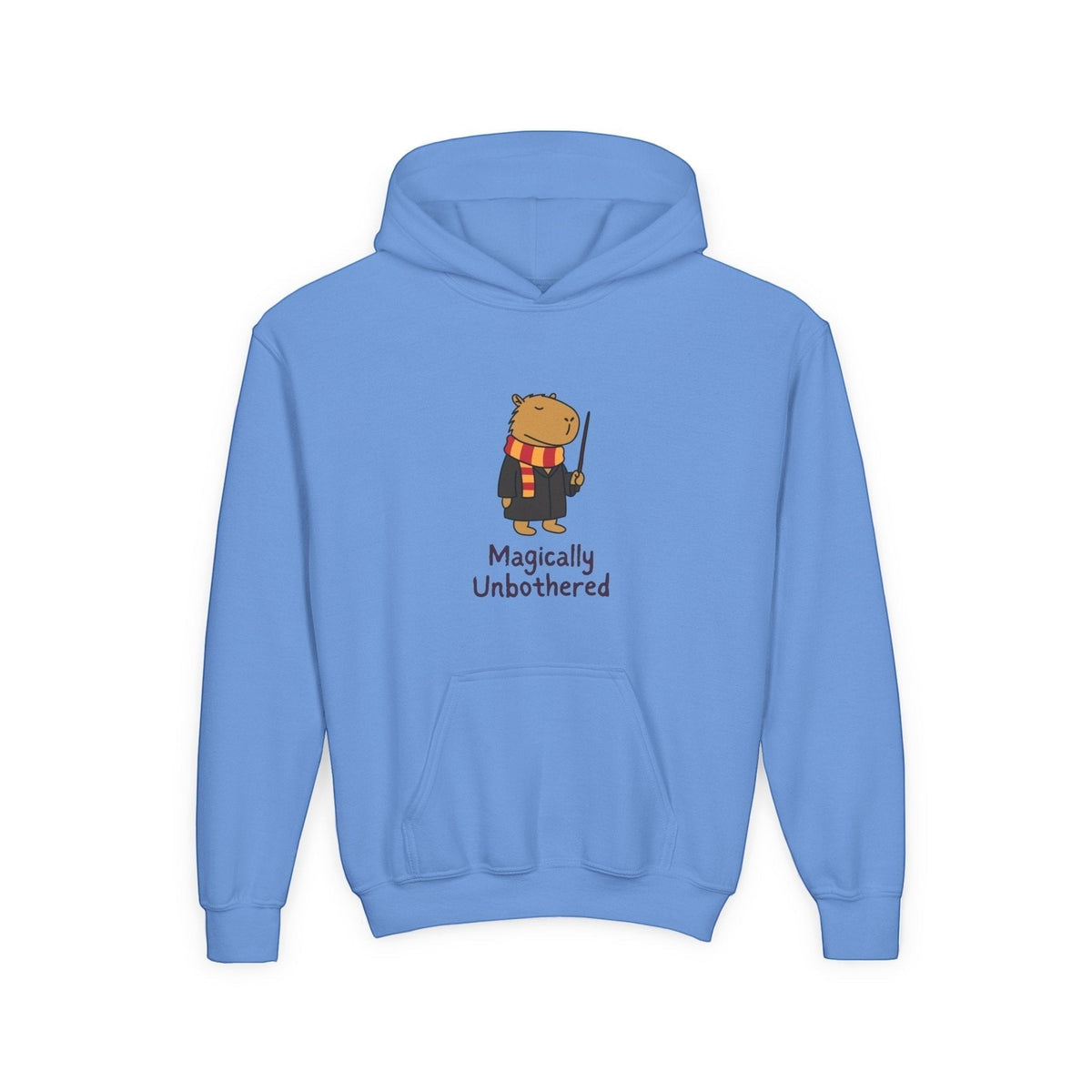 Capy Life kids blue hoodie featuring a cute capybara wizard illustration with the text Magically Unbothered