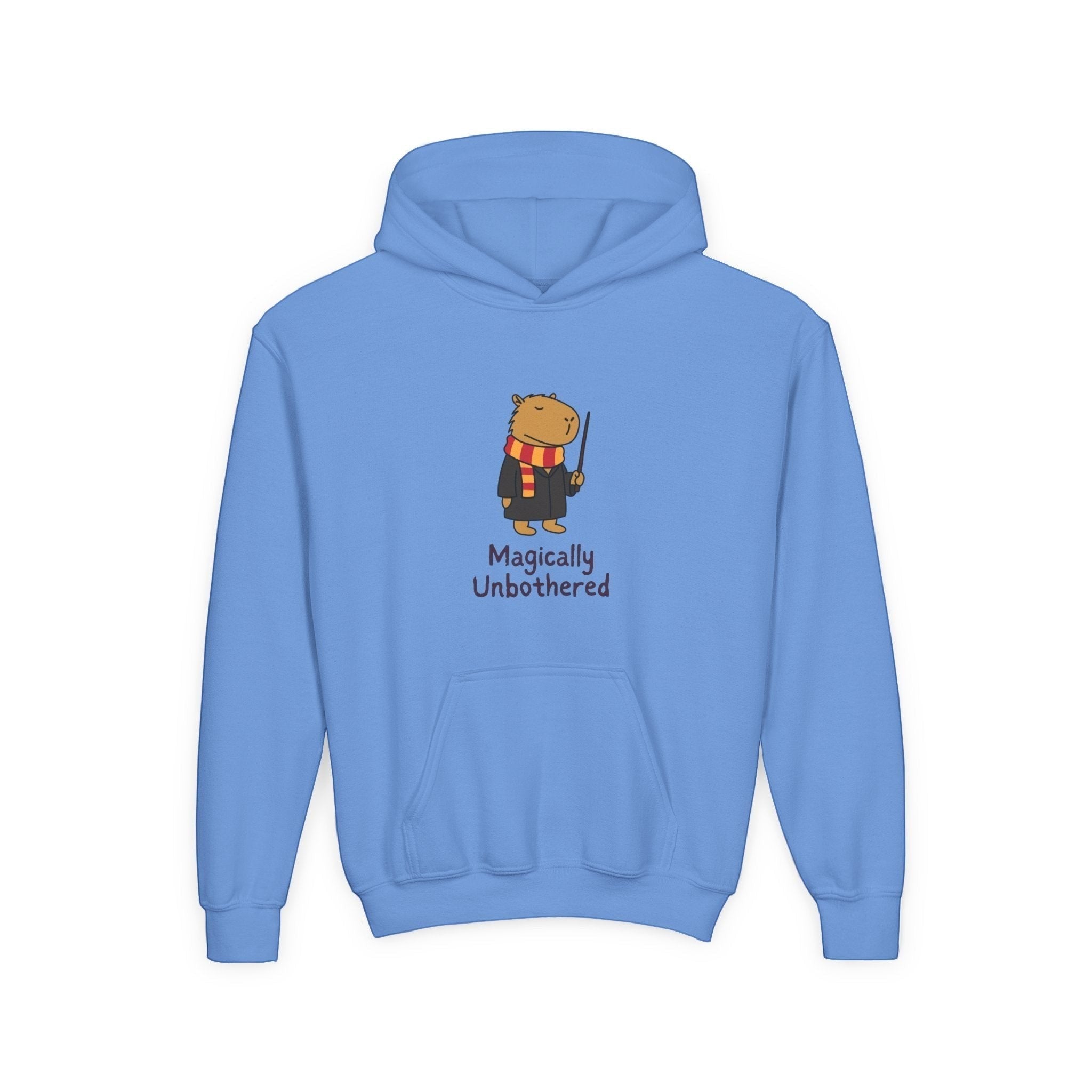 Capy Life kids blue hoodie featuring a cute capybara wizard illustration with the text Magically Unbothered