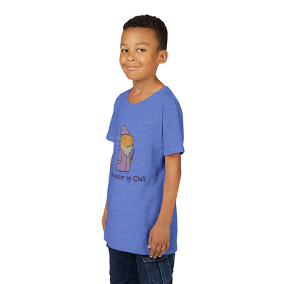 A young boy wearing a blue Capy Life youth tee featuring a wizard capybara graphic and Professor of Chill text.