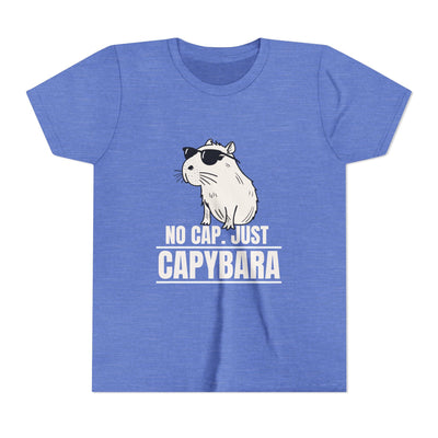 Capy Life youth blue cotton t-shirt with a graphic of a capybara wearing sunglasses and the text No Cap Just Capybara