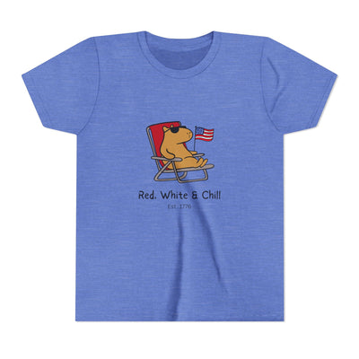 Capy Life blue heather youth t-shirt featuring a graphic of a capybara lounging in a chair with an American flag.