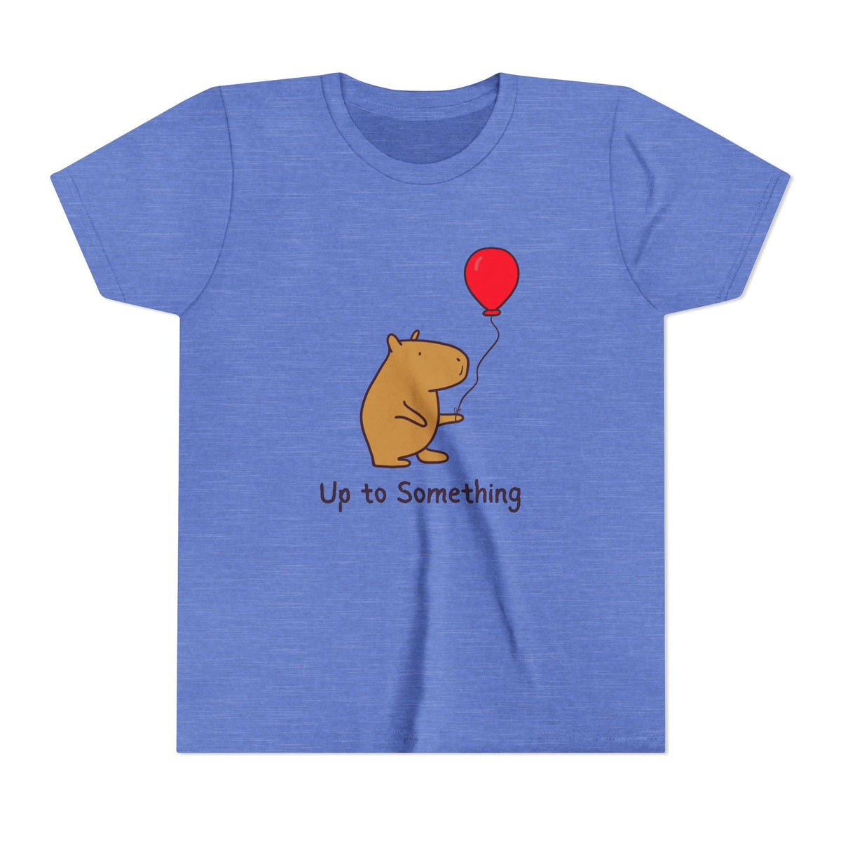 Capy Life blue heather youth t-shirt featuring a cute capybara holding a red balloon with Up to Something text.