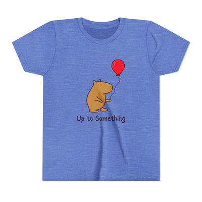Capy Life blue heather youth t-shirt featuring a cute capybara holding a red balloon with Up to Something text.