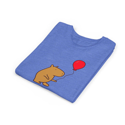 Capy Life blue youth graphic tee featuring a cute capybara holding a red balloon and the text Up to Something