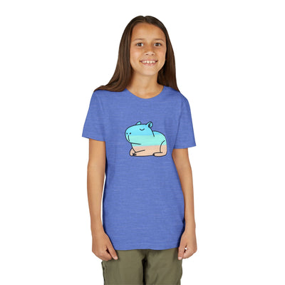 Capy Life youth t-shirt in heather blue with a hand-painted coastal capybara graphic on the front worn by a girl