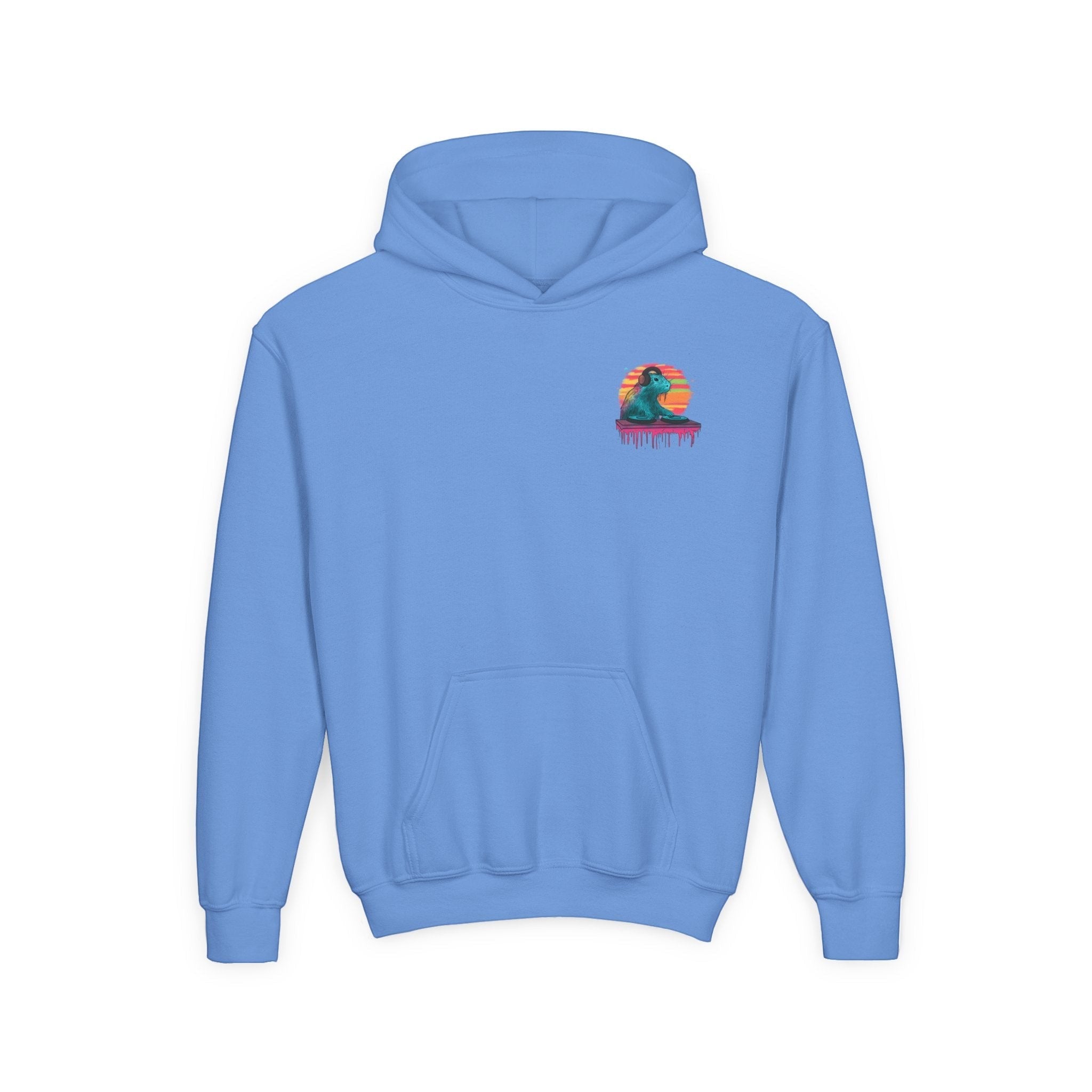 Capy Life light blue kids hoodie featuring a small DJ capybara graphic on the chest with a kangaroo pocket