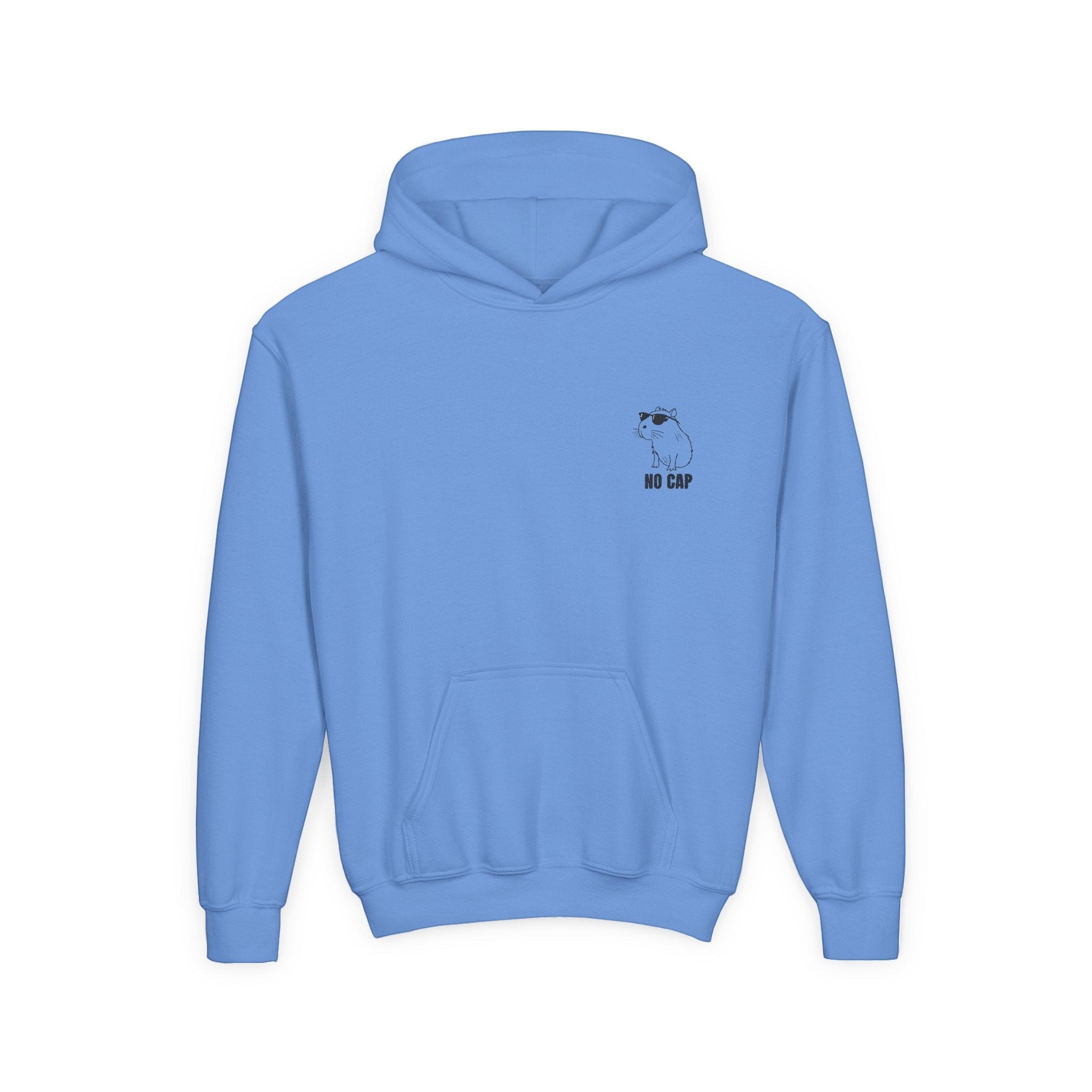 Capy Life blue kids hoodie with minimalist embroidered capybara wearing sunglasses and No Cap text on the chest.