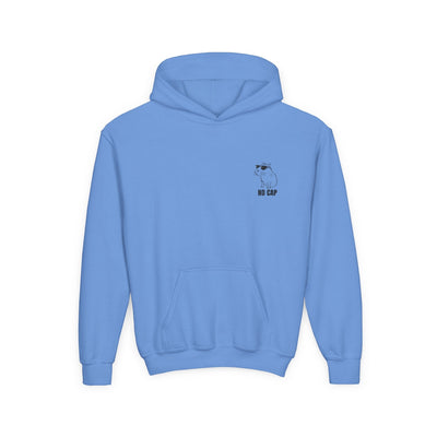 Capy Life blue kids hoodie with minimalist embroidered capybara wearing sunglasses and No Cap text on the chest.