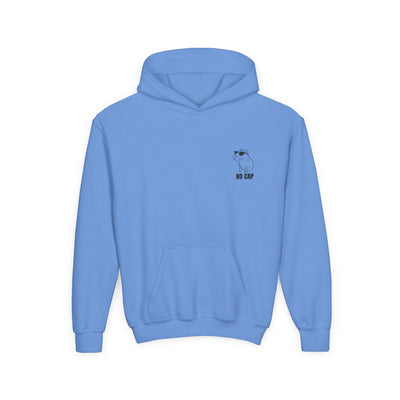Capy Life blue kids hoodie with minimalist embroidered capybara wearing sunglasses and No Cap text on the chest.