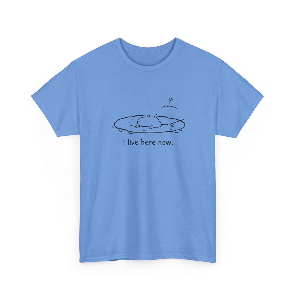Capy Life blue heavy cotton t-shirt featuring a minimalist capybara doodle in a golf sand bunker with funny text.