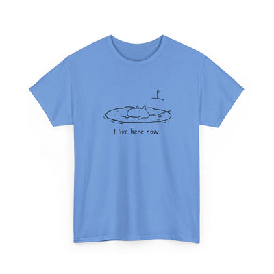 Capy Life blue heavy cotton t-shirt featuring a minimalist capybara doodle in a golf sand bunker with funny text.