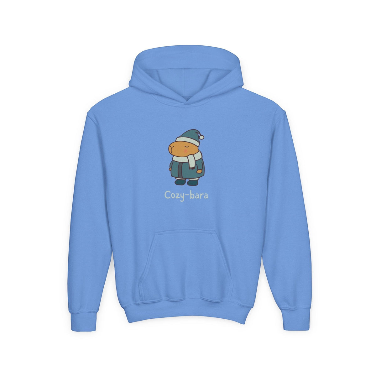 Capy Life blue kids hoodie featuring a cute Cozy-bara graphic of a capybara in a winter coat, hat, and scarf.