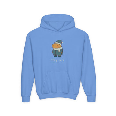 Capy Life blue kids hoodie featuring a cute Cozy-bara graphic of a capybara in a winter coat, hat, and scarf.