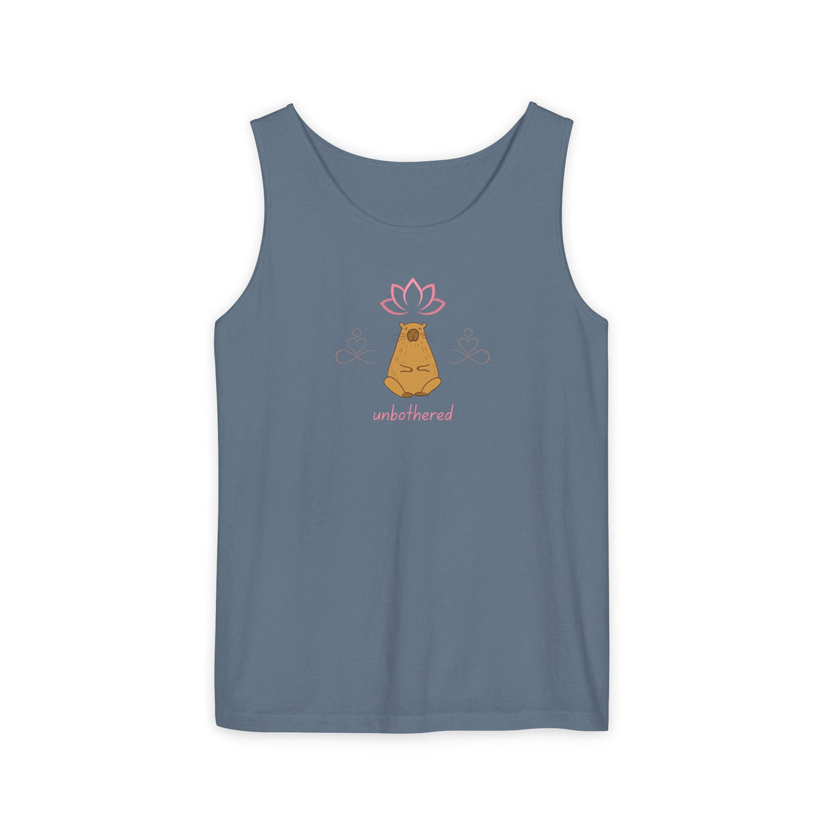 Capy Life blue tank top featuring a minimalist meditating capybara illustration with a lotus flower and unbothered text