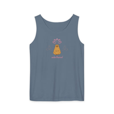Capy Life blue tank top featuring a minimalist meditating capybara illustration with a lotus flower and unbothered text