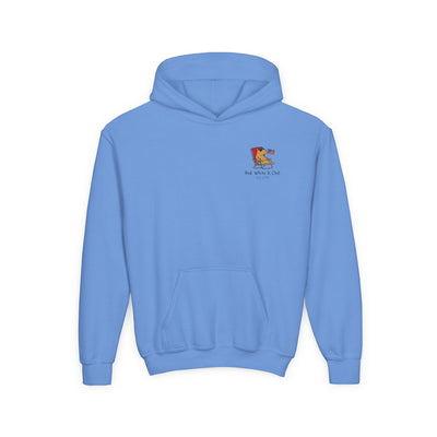 Capy Life light blue youth hoodie featuring a small patriotic capybara graphic with an American flag and text.