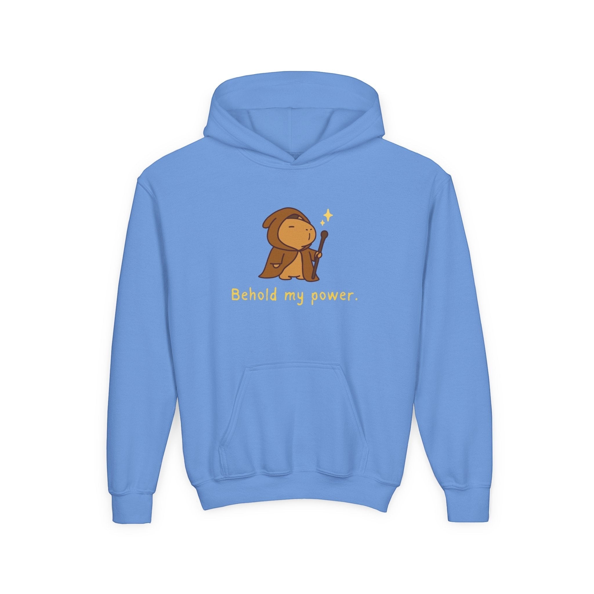Capy Life blue kids pullover hoodie featuring a cute wizard capybara graphic with the text Behold my power