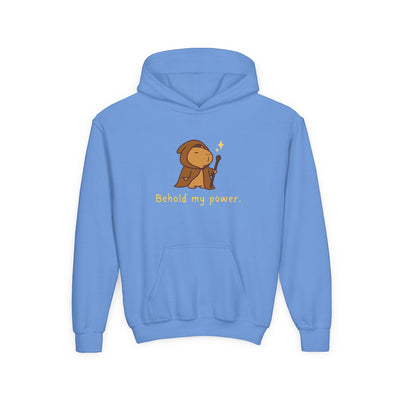 Capy Life blue kids pullover hoodie featuring a cute wizard capybara graphic with the text Behold my power