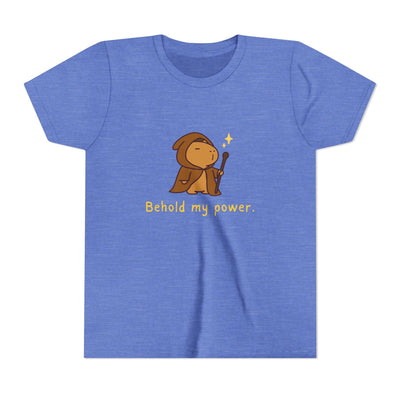 Capy Life kids blue t-shirt featuring a cute wizard capybara graphic with a wand and the text Behold my power.