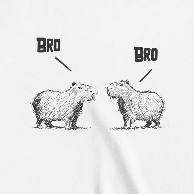 Capy Life kids t-shirt featuring a sketch-style illustration of two capybaras with the text Bro above each one.