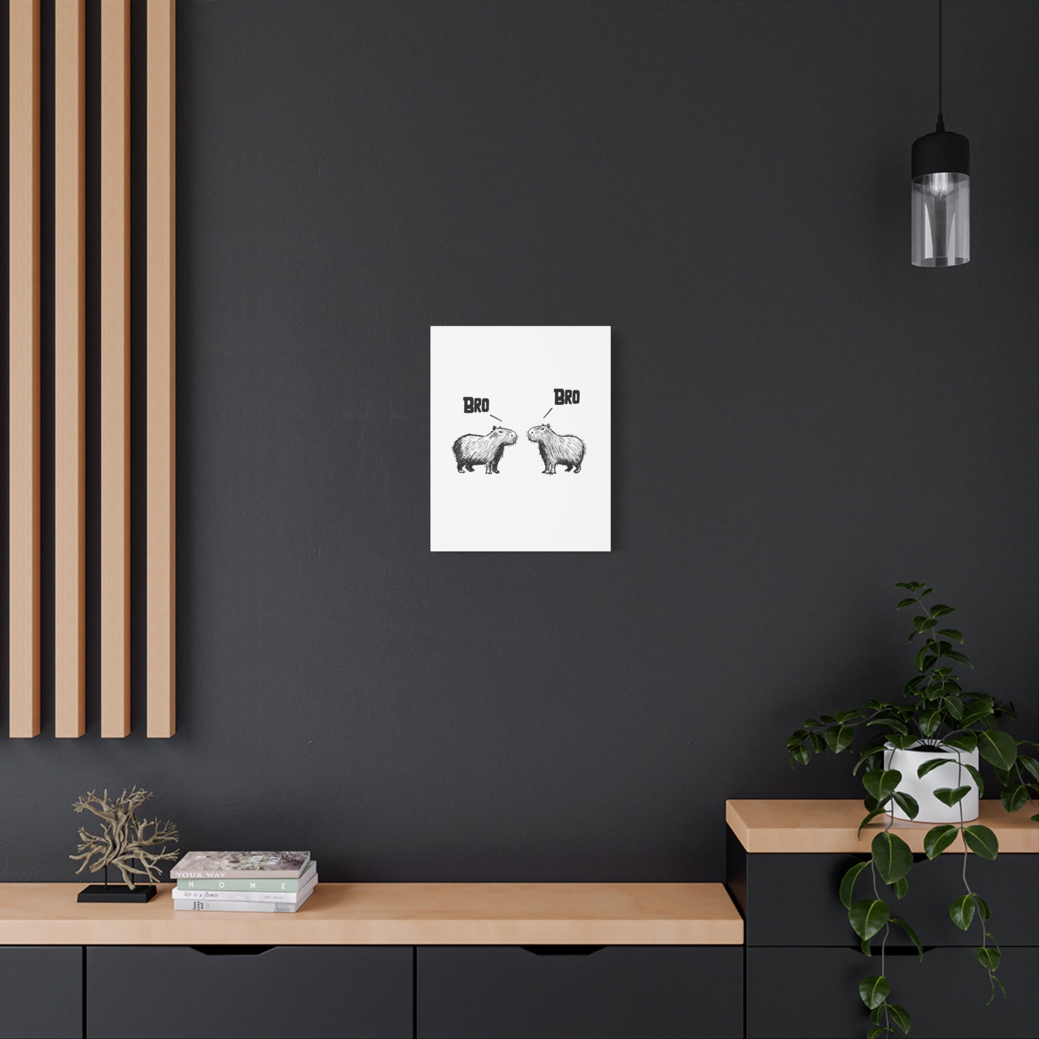 Capy Life Bro Bro canvas wall art featuring two hand-drawn capybaras on a white background in a modern living room.