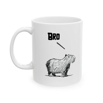 Capy Life white ceramic coffee mug featuring a hand-drawn capybara illustration with the word BRO above it.